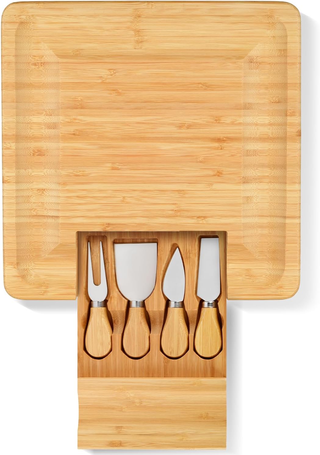 Bamboo Cheese Board with Knife Set, Charcuterie Platter Including Slide-Out Hidden Drawer & 4 Stainless Steel Knife and Utensils-Gifts for Christmas, Wedding, Birthday, Anniversary, Thanksgiving Day