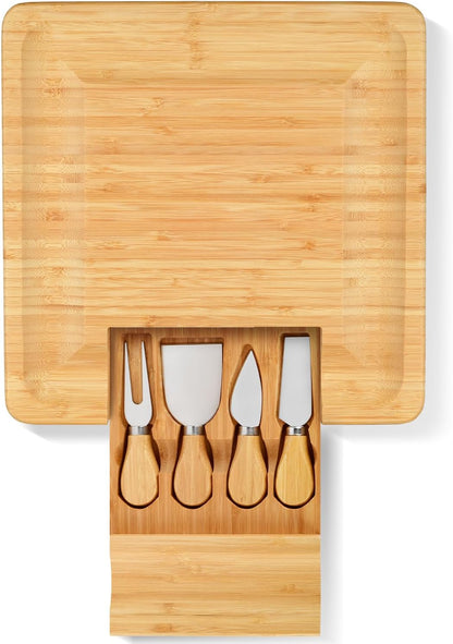 Bamboo Cheese Board with Knife Set, Charcuterie Platter Including Slide-Out Hidden Drawer & 4 Stainless Steel Knife and Utensils-Gifts for Christmas, Wedding, Birthday, Anniversary, Thanksgiving Day