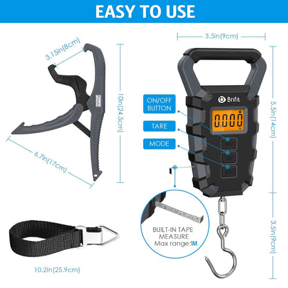 Upgraded Digital Fishing Scale with Ruler, 15g/50kg Electronic Digital Luggage Scale, 110lb Max Fishing Postal Hanging Hook Scale with Measuring Tape, Backlit LCD Display (Batteries Included)