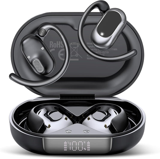 STECEi Open Ear Headphones, Bluetooth 5.4 Earphones 36H Playtime Air Conduction Headphones with Mic, Adjustable Earhook Earbuds with ENC Clear Calls/LED Display, IPX7 Waterproof Open Ear Earbuds Black