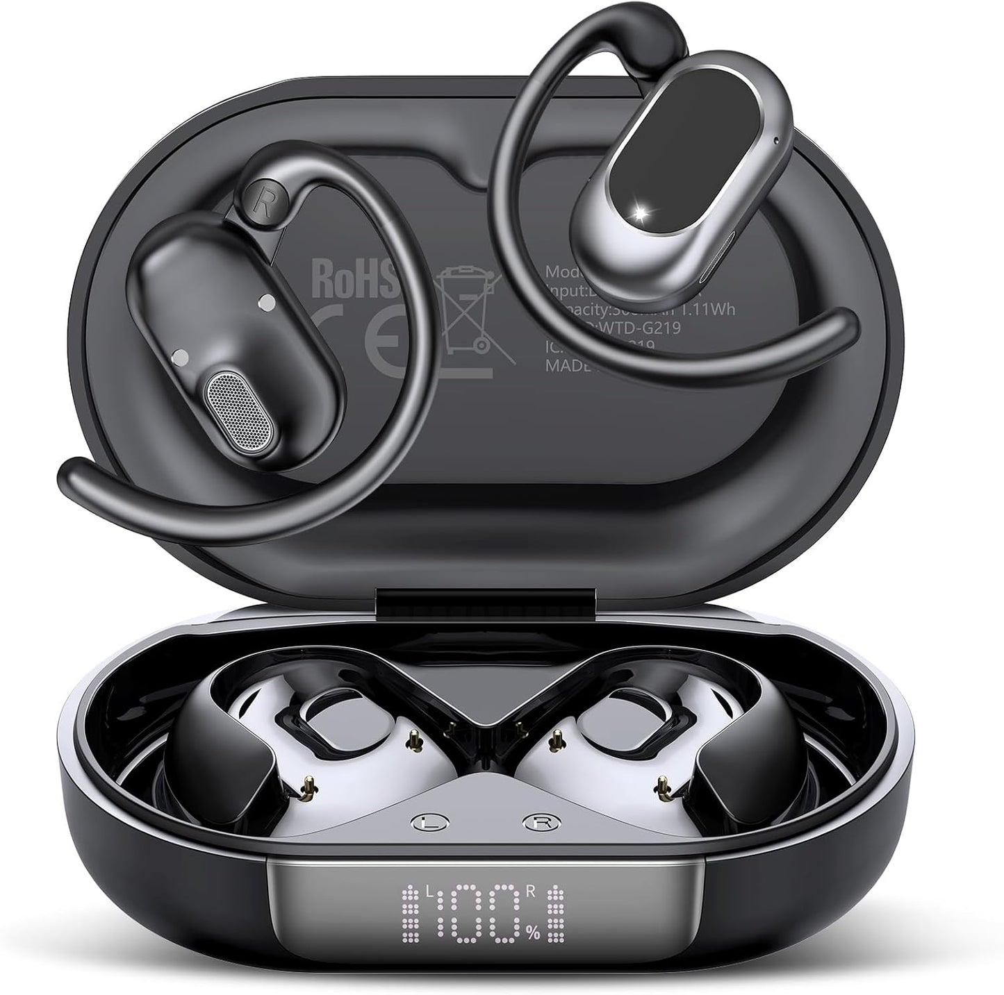 Open Ear Headphones, Bluetooth 5.4 Earphones 36H Playtime Air Conduction Headphones with Mic, Adjustable Earhook Earbuds with ENC Clear Calls/LED Display, IPX7 Waterproof Open Ear Earbuds Dark Purple