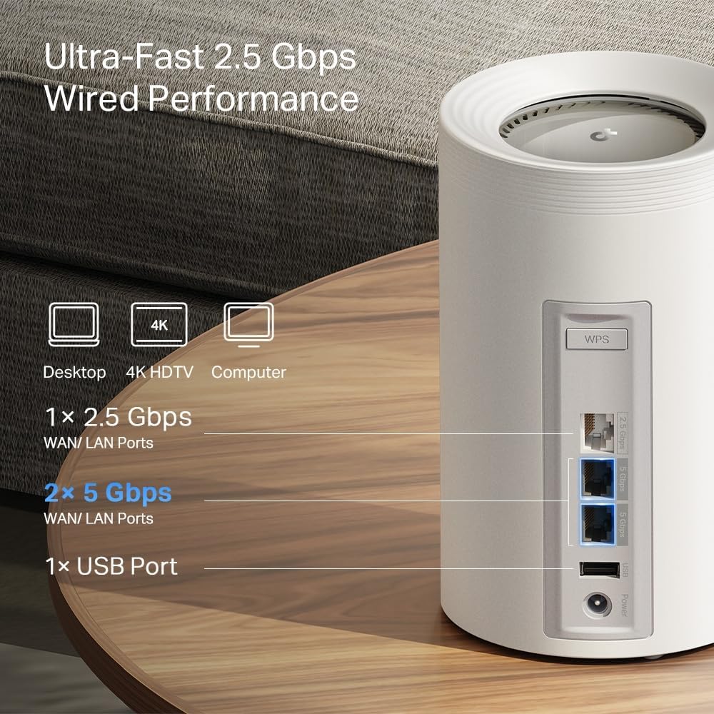 TP-Link Deco BE11000 Tri-Band WiFi 7 Mesh (Deco BE65 Pro) - 11 Gbps, 6 GHz/5 GHz/2.4 GHz Bands, 5 Gbps Ports, MLO, 320 MHz Channels, HomeShield, Universal Compatibility - 2-Pack