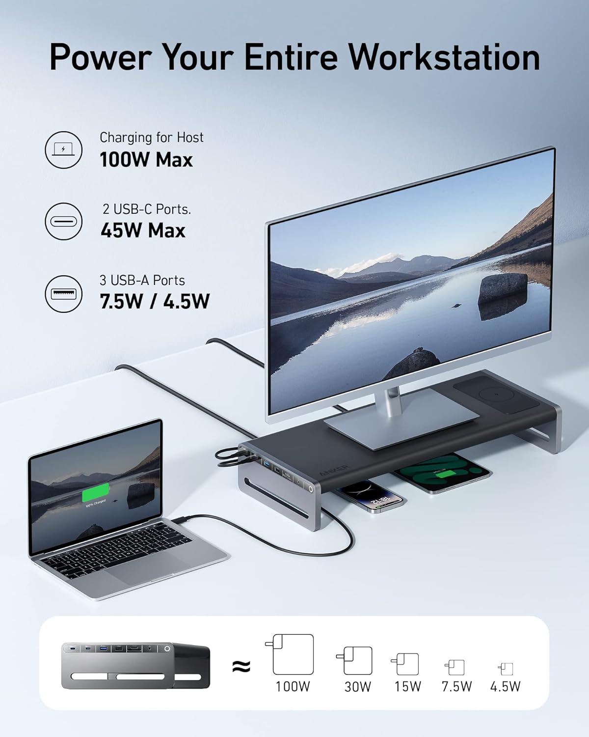 Anker 675 USB-C Docking Station (12-in-1, Monitor Stand, Wireless) with 10Gbps USB-C Ports, 4K@60Hz HDMI Display, Wireless Charging Pad, for Lenovo ThinkPad, MacBook Pro M1 / M2 and More USB-C Devices