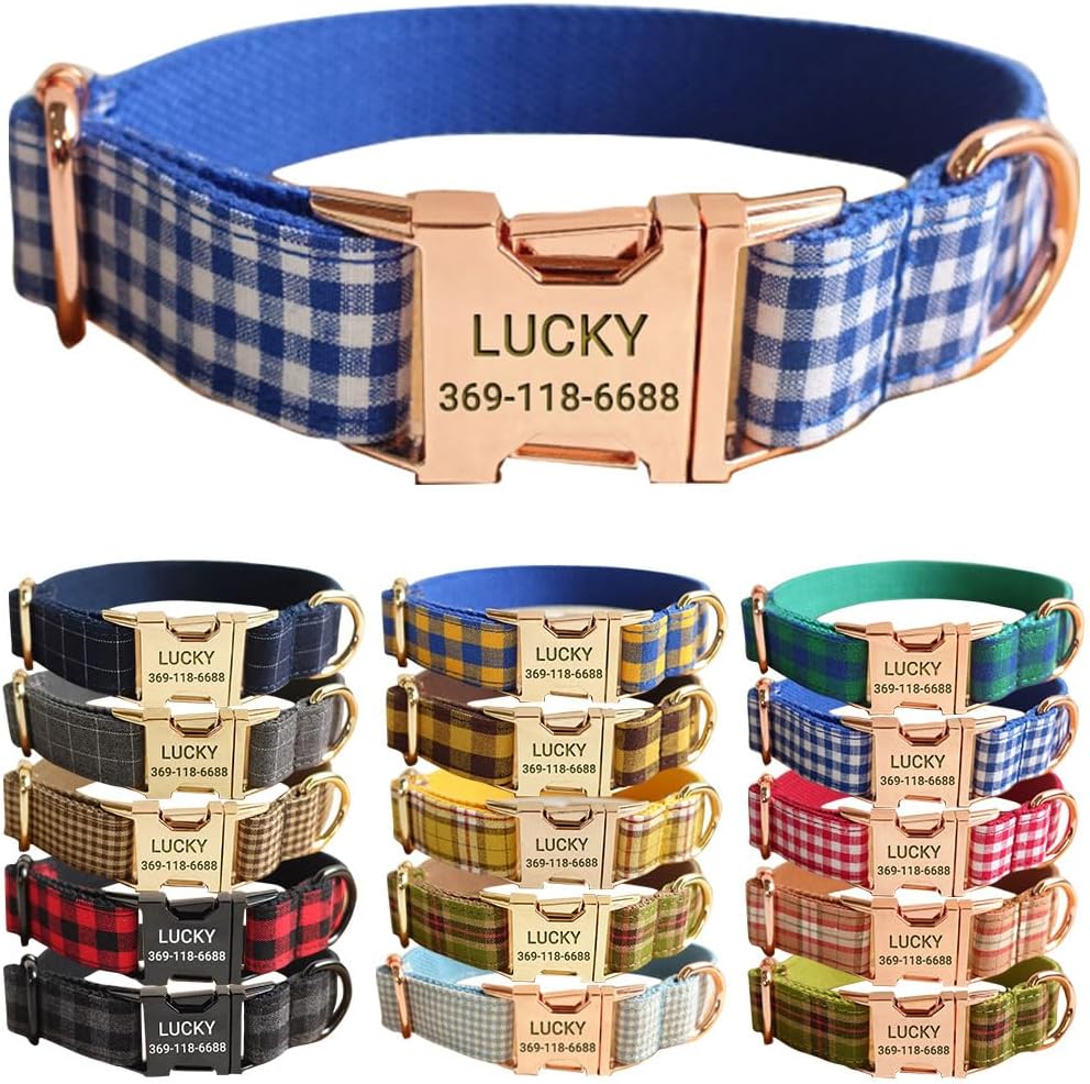 PETDURO Personalized Buffalo Plaid Dog Collar Red Black - Engraved Name and Phone Number on Black Metal Buckle - Custom for Small Medium Large Boy Girl Dogs - Add Leash Bow Tie via Customize Now