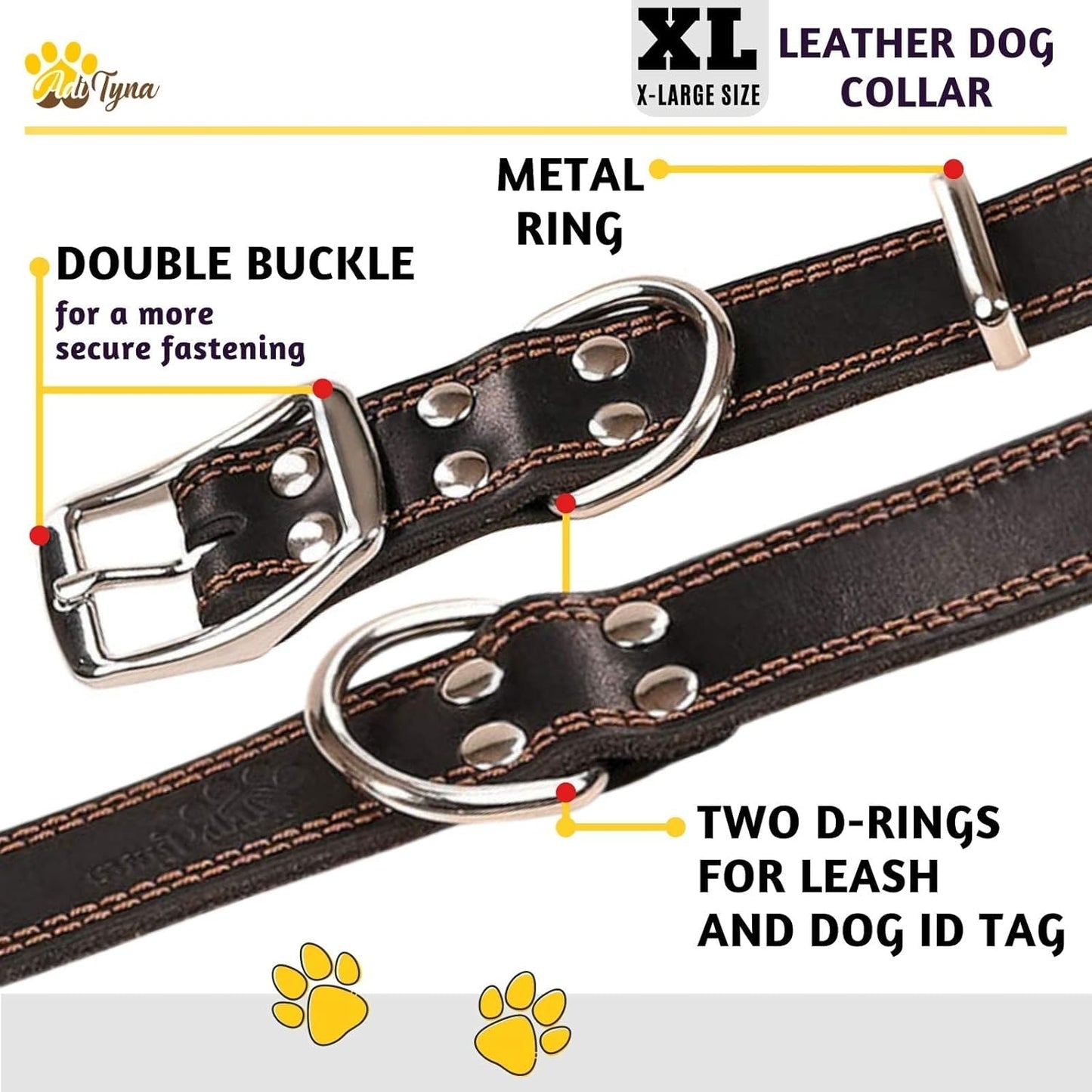 ADITYNA Heavy-Duty Leather Dog Collar for Medium Dogs - Soft and Strong, 100% Genuine Leather - Collier Pour Chien (Medium: Fit 13" - 20" Neck, Brown)