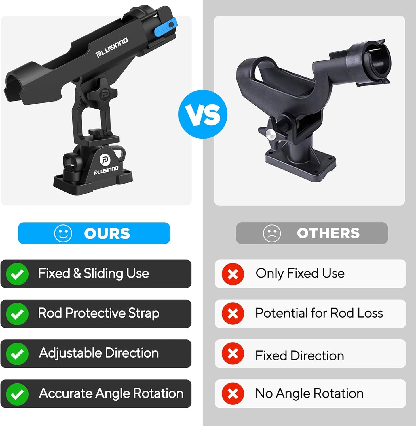 PLUSINNO 2 in 1 Fishing Rod Holders for Boat, Kayak Fishing Rod Holder, Fishing Pole Holders for Track Mount/Deck Mount, Fishing Gear with Fishing Rod Protective Strap, Fishing Accessories & Gifts