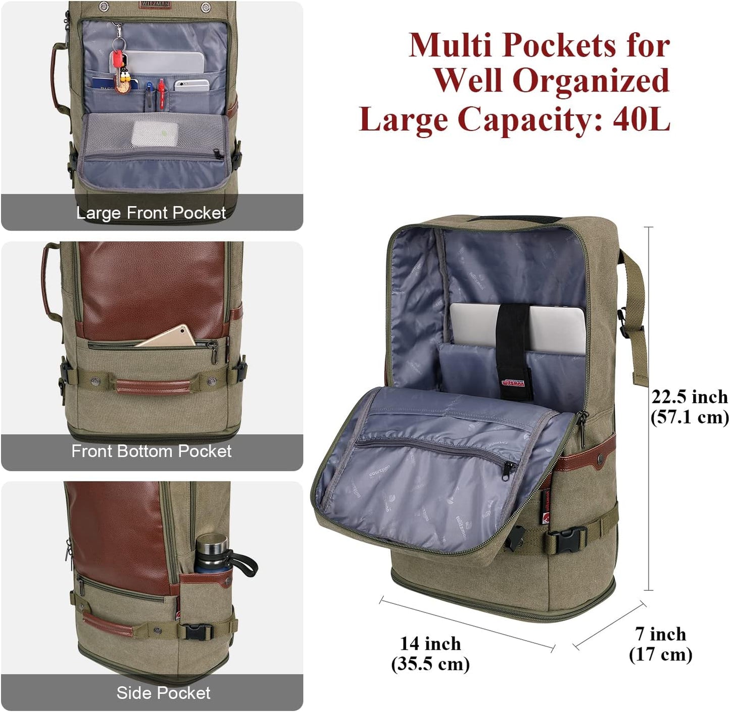 WITZMAN Travel Backpack for Men Women Carry on Luggage Backpack Canvas Rucksack Duffel bag with Shoe Compartment