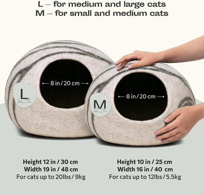 MEOWFIA Cat Cave - New Zealand Wool Bed for Indoor Cats (Light Grey)
