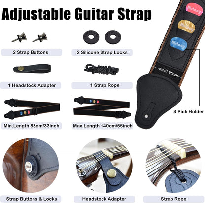 Guitar Accessories Kit: Wooden Stand, Strap, Clip-On Tuner, 3-in-1 Capo, 30 Picks for Acoustic, Electric Guitar, Bass & Ukulele, All-in-One Perfect Guitar Gift Set for Men & Beginners & Pros