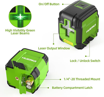 Huepar Green Cross Line Laser Level with 40in Tripod, Self-Leveling Within 4 Indoor Laser Leveler Tool, 100Ft Max Working Range in Low Light, for Picture Hanging, Tile Installation, Home Renovation