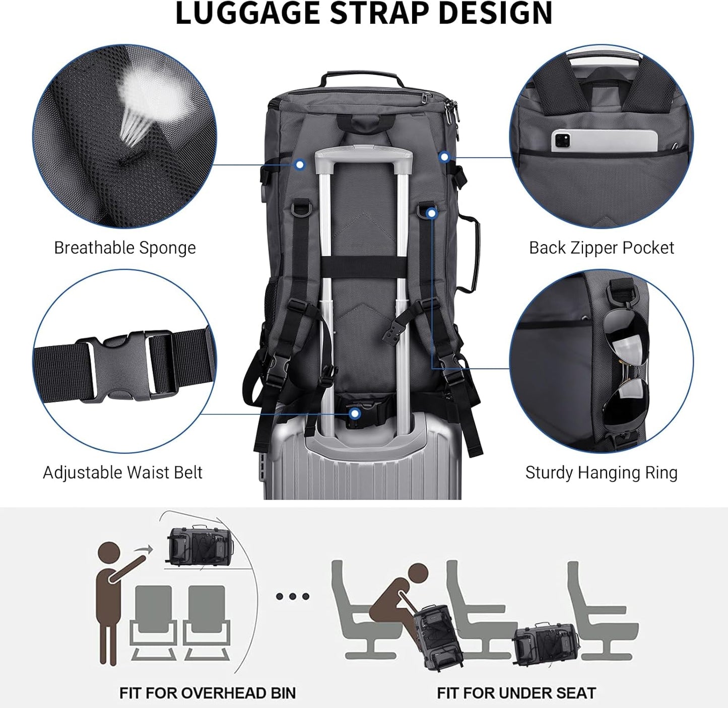 WITZMAN Travel Backpack for Men Large Carry on Backpack Convertible 3 in 1 Bags with Shoe Compartment Fit 17 Inch Laptop(B689 Silvery Grey)