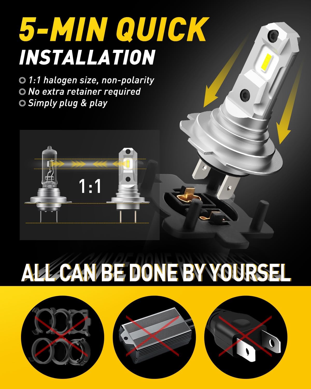 AUXITO H11 LED Headlight Bulbs, 400% Brighter 6500K White Wireless LED Headlights for H8 H9 H16 Fog Lights, DRL, Low Beam or High Beam, Direct Install Plug and Play, IP68 Waterproof, Pack of 2