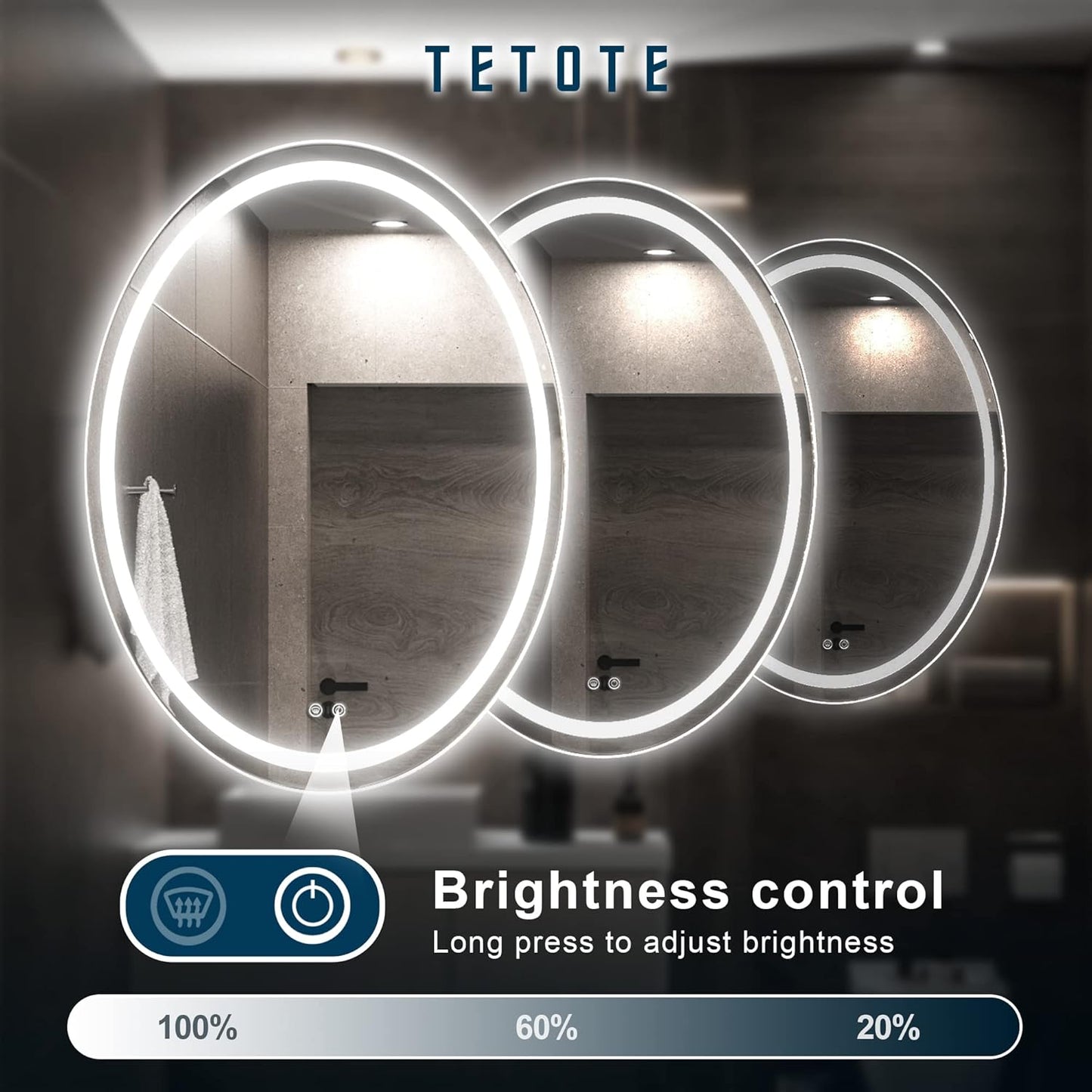 TETOTE 28 Inch Round LED Bathroom Vanity Mirror, Anti-Fog Dimmable Lights IP54 Waterproof Circle Makeup Wall Mounted Mirror