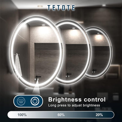 TETOTE 28 Inch Round LED Bathroom Vanity Mirror, Anti-Fog Dimmable Lights IP54 Waterproof Circle Makeup Wall Mounted Mirror