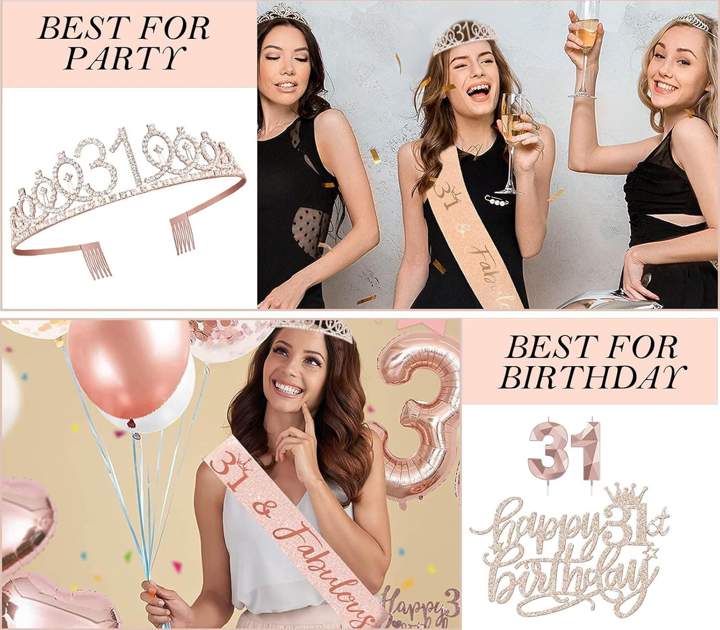 8pcs 40th Birthday Decorations gifts for Women, Including 40th Happy Birthday Cake Topper, Queen Sash with Pearl Pin, Sweet Rhinestone Tiara Crown for Women, Number Candles and Balloons (Rose Gold)