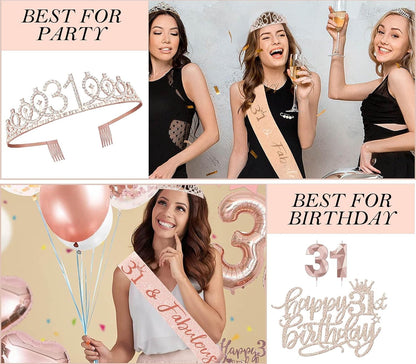 8pcs 40th Birthday Decorations gifts for Women, Including 40th Happy Birthday Cake Topper, Queen Sash with Pearl Pin, Sweet Rhinestone Tiara Crown for Women, Number Candles and Balloons (Rose Gold)