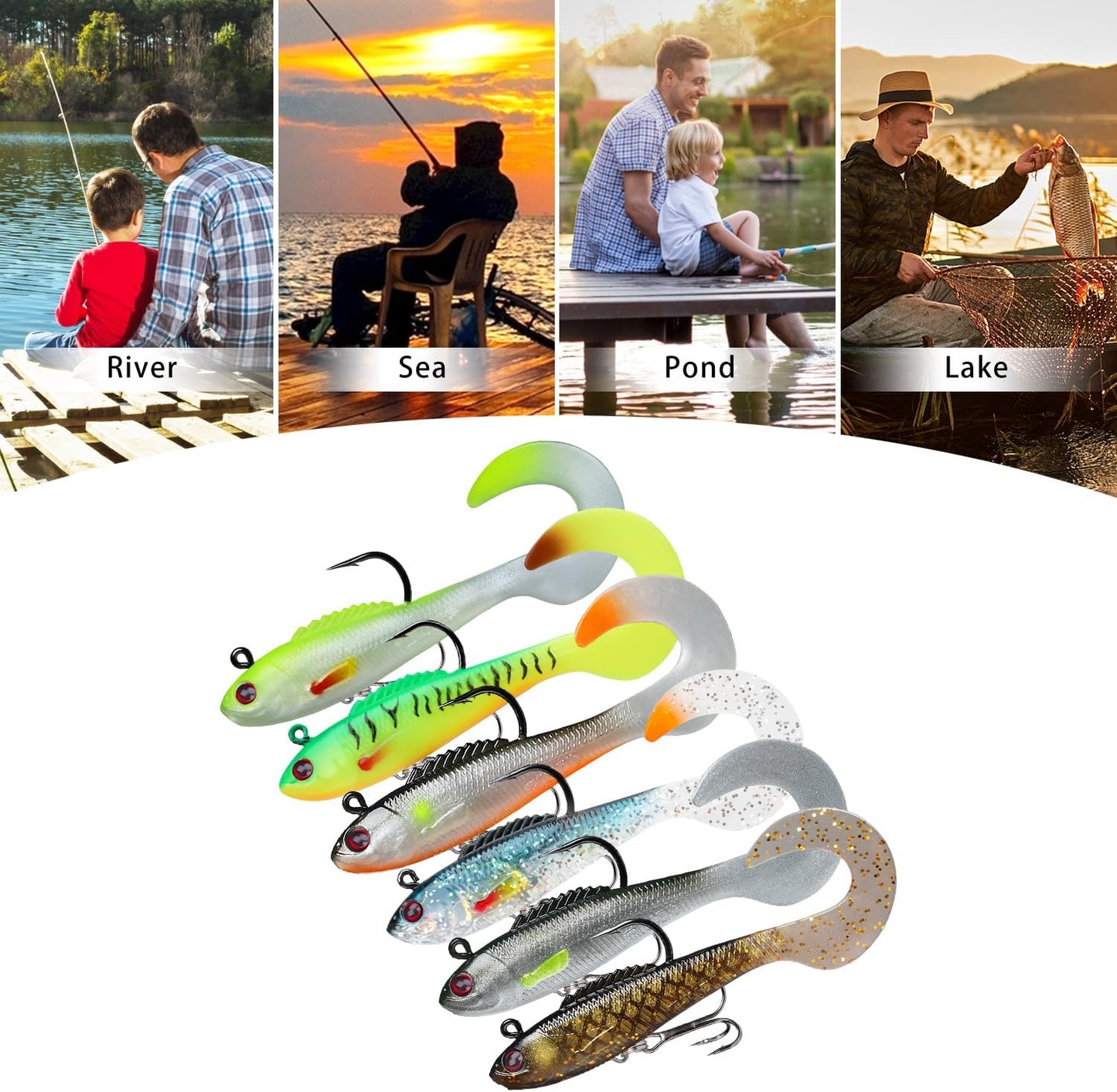 TRUSCEND Easy Catch Pre-Rigged Soft Lures, Unique Vibrating Swim Action and Trembly Sinking Move for More Bites, Amazing Soft Swimbait for Family Fishing, Fishing Lures for Bass Trout Crappie Walleye