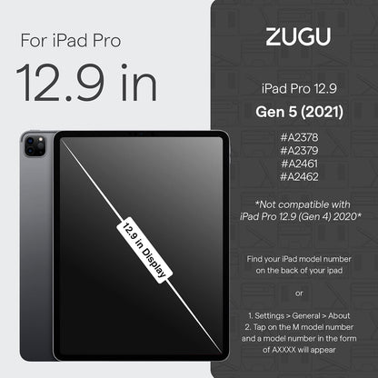 ZUGU iPad Pro 12.9 Case 2022/2021 6th & 5th Generation - Ultra Slim Protective Cover - Wireless Apple Pencil Charging - Convenient 10-Angle Magnetic Stand & Auto Sleep/Wake [ Black ]