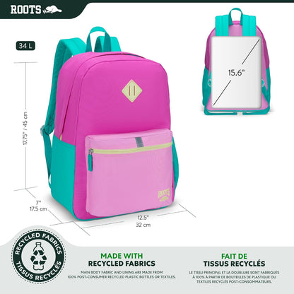 Roots Teen Lightweight Backpack — Made from Recycled Polyester with 15.6" Laptop Compartment, Rain Flap, Bottle Pocket, Reflective Accent, and Back Padding — 34L, Black