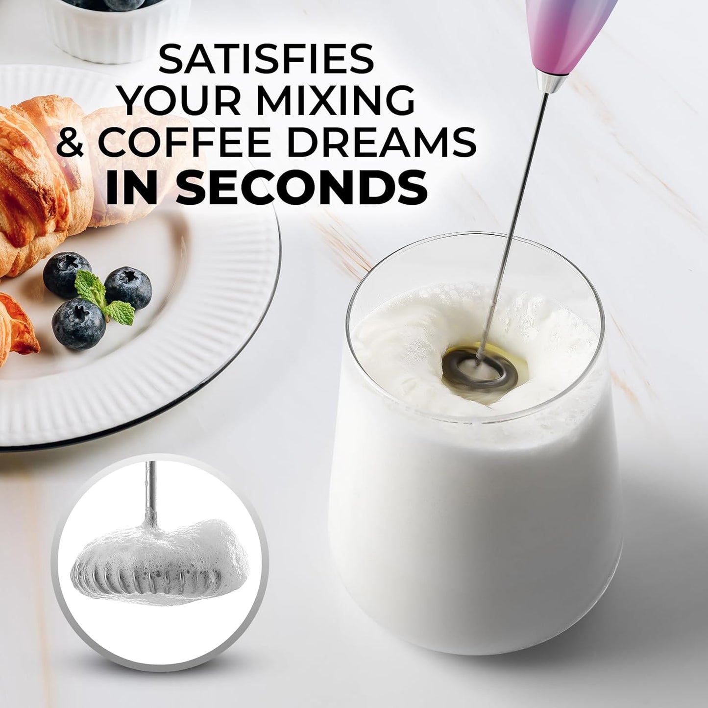 Zulay Kitchen Powerful Double Whisk Milk Frother Handheld - Foam Maker with Stand - Whisk Drink Mixer for Coffee, Mini Foamer for Latte, Matcha, Frappe, Hot Chocolate & Cappuccino (Black)