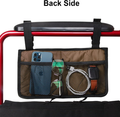 Wheelchair Side Bag, Wheelchair Armrest Storage Pouch with Cup Holder and Reflective Strip for Wheelchairs, Walkers or Rollators (Black)