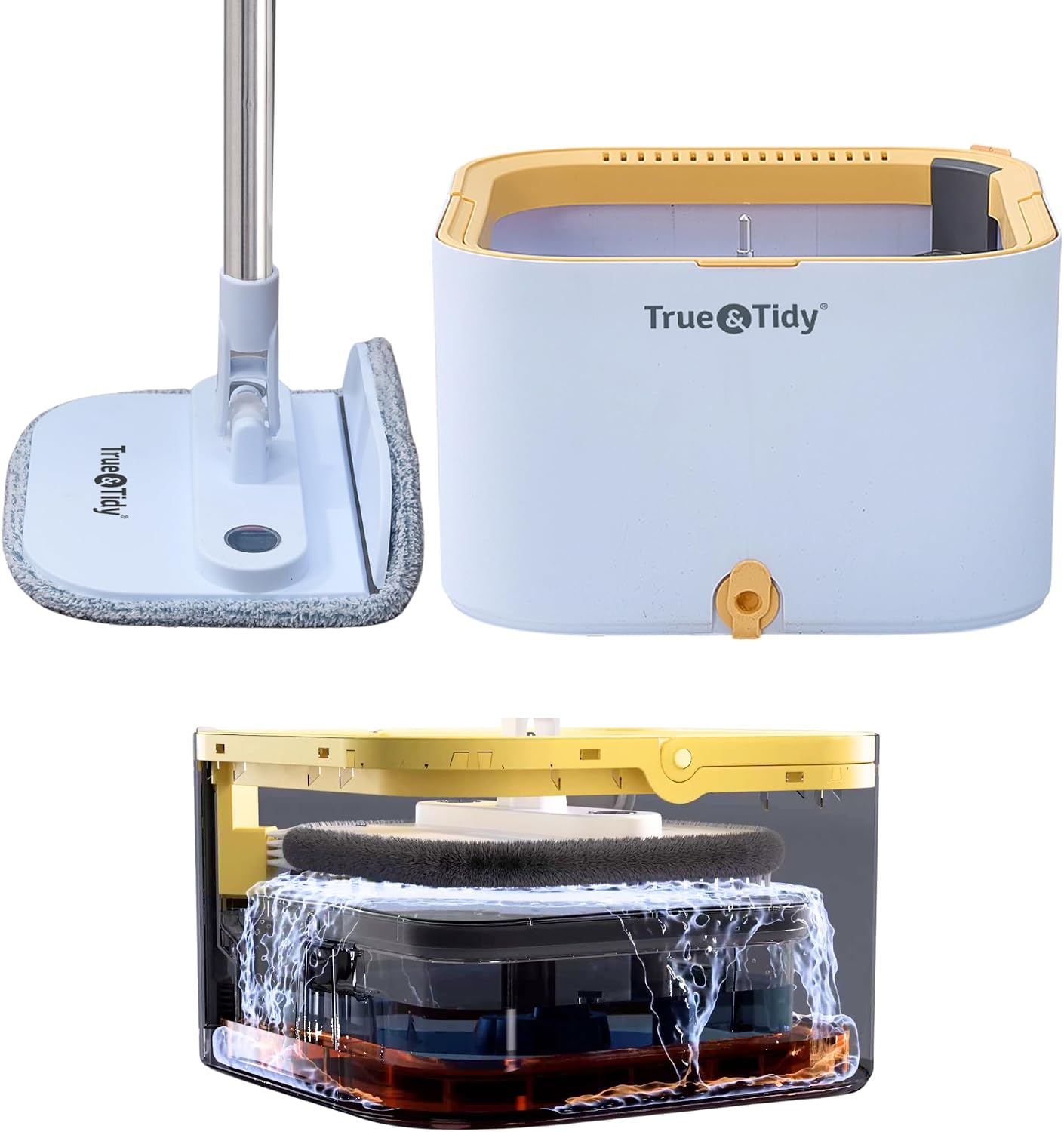 True & Tidy® TrueClean Spin Mop 2.0 w/Detachable Inner Bucket, Self Standing, Separates Clean and Dirty Water, Foldable Square Mop Head, Triple Jet Stream w/Hidden Brush, Replaceable 2pc Pads