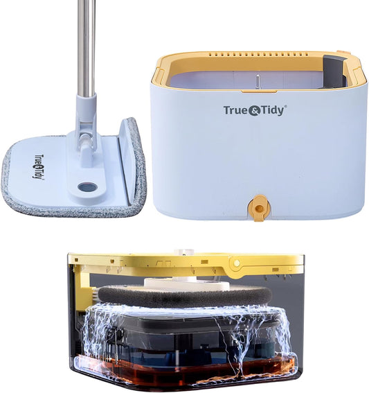 True & Tidy® TrueClean Spin Mop 2.0 w/Detachable Inner Bucket, Self Standing, Separates Clean and Dirty Water, Foldable Square Mop Head, Triple Jet Stream w/Hidden Brush, Replaceable 2pc Pads