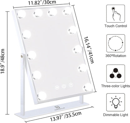 FENCHILIN Lighted Makeup Mirror Hollywood Mirror Vanity Makeup Mirror with Light Smart Touch Control 3Colors Dimmable Light Detachable 10X Magnification 360°Rotation(White)
