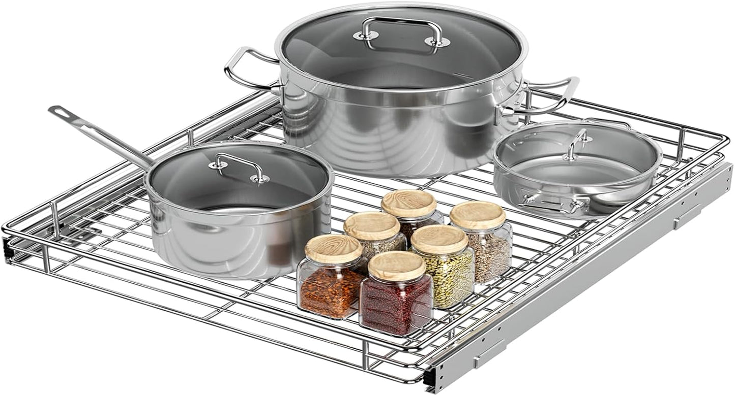 Pull Out Cabinet Organizer, Versatile Slide Out Kitchen Organizers and Storage, Heavy Duty Drawer Cupboard Storage Basket, Smooth Sliding, Chrome Finish (Outside Dimensions: 22.8”W x 21”D)