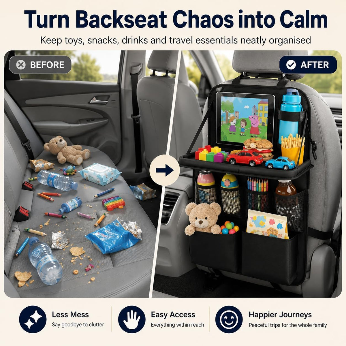 Palopalo 2Pack Car Seat Organiser with Fold Down Tray&Tablet Holder (Black)