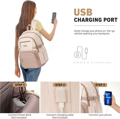 WINDARS Backpack for School Girls, Cute High School Backpacks for Teens Women Student Large Bookbag 15.6 Inch Laptop Bag with USB Charger Port for College Work Travel Trip (Beige Khaki)