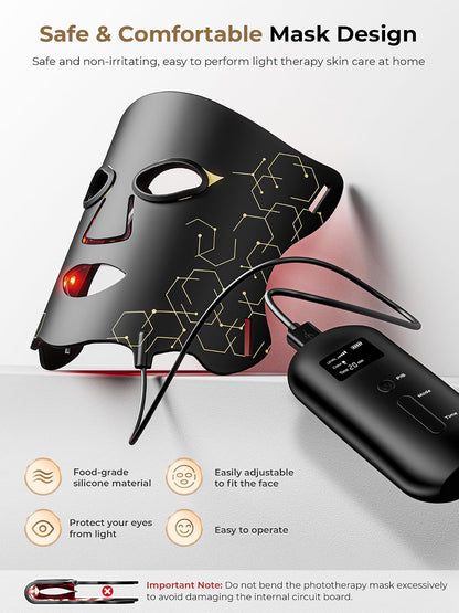 LED Light Therapy Mask (E106A) for Face with high-frequency laser, LED Light Therapy Mask with Adjustable Brightness and Timer, Soft Silicone Red Light Therapy Mask for Wrinkle & Acne Treatment Home & Travel, Black