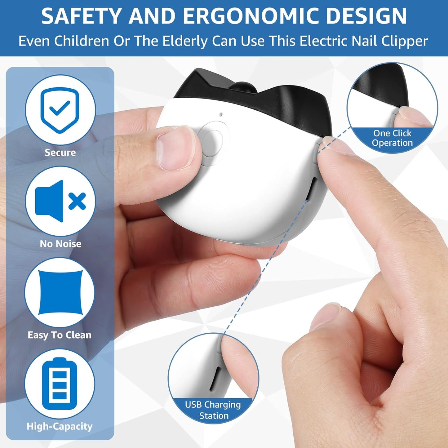 Electric Nail Clippers, Nail Trimmer with LED Light, Rechargeable Electric Fingernail Cutter with Nail Scraps, Safety Fingernail Trimmer Nail Scissors for Baby Kids Adult (White)