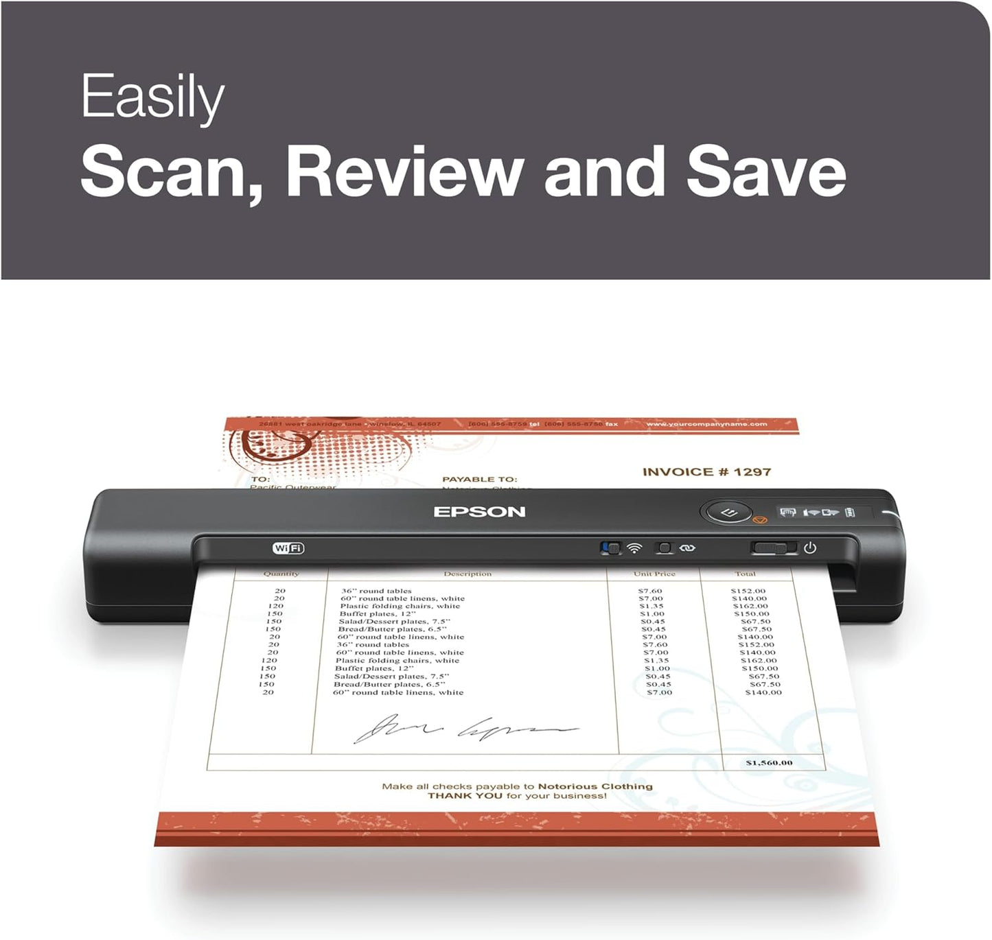 Epson WorkForce ES-50 Portable Sheet-fed Document Scanner for PC and Mac, Black