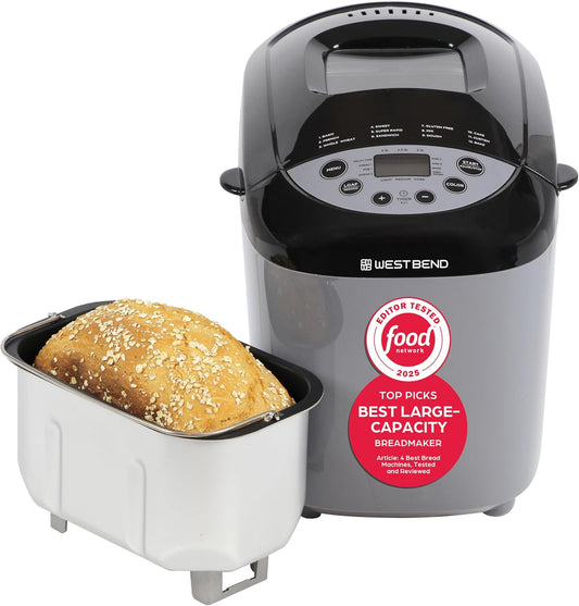 West Bend 47413 Hi-Rise Bread Maker Programmable Horizontal Dual Blade with 12 Programs Including Gluten Free, 3-Pound, Gray