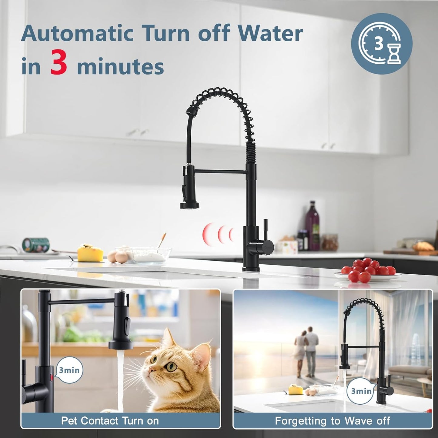 GIMILI Matte Black Kitchen Faucet with LED Light,Single Hole Spring Kitchen Sink Faucet with Pull Down Sprayer