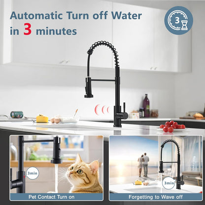 GIMILI Matte Black Kitchen Faucet with LED Light,Single Hole Spring Kitchen Sink Faucet with Pull Down Sprayer