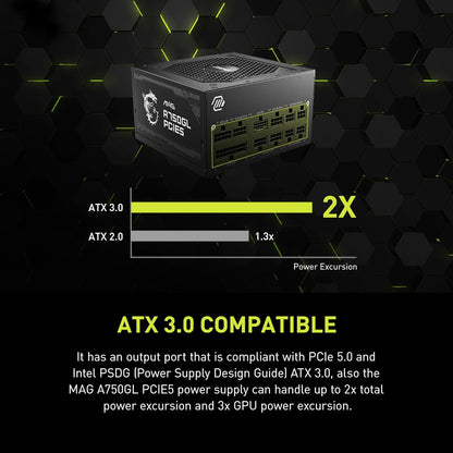 MSI MAG A750GL PCIE 5 Gaming Power Supply - Full Modular - 80 Plus Gold Certified 750W - Compact Size - ATX PSU - PuriLite