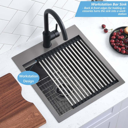 15 Black Stainless Steel Drop in Kitchen Bar Sink, Scamall 15X15X9 Inches Topmount Small Bar Sinks - 16 Gauge Matte Black Stainless Steel Workstation Kitchen Bar Sink SM021-1SBG