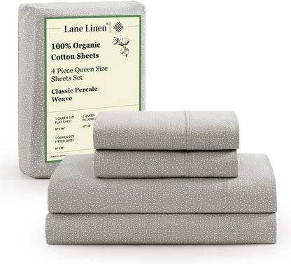 Lane Linen 100% Organic Cotton Queen Sheet Set, 4-Piece Percale Bed Sheets for Queen Bed - Soft, Breathable, Hypoallergenic, Deep Pocket Fits Mattress Up to 15" Deep, Hotel Quality Sheets - White