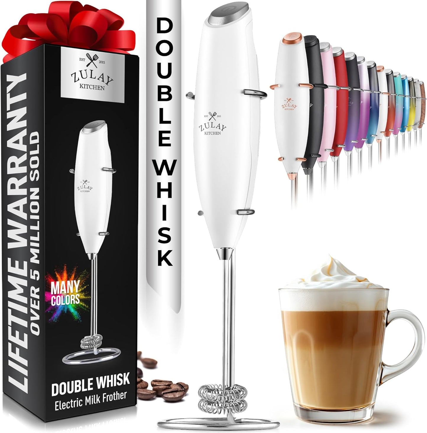 Zulay Kitchen Powerful Double Whisk Milk Frother Handheld - Foam Maker with Stand - Whisk Drink Mixer for Coffee, Mini Foamer for Latte, Matcha, Frappe, Hot Chocolate & Cappuccino (Black)