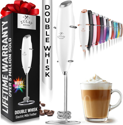 Zulay Kitchen Powerful Double Whisk Milk Frother Handheld - Foam Maker with Stand - Whisk Drink Mixer for Coffee, Mini Foamer for Latte, Matcha, Frappe, Hot Chocolate & Cappuccino (Black)