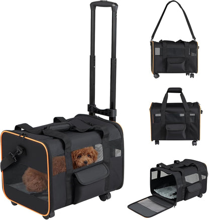 Giantex Rolling Pet Carrier with Wheels, Foldable Cat Carrier with Telescopic Handle, Breathable Mesh Dog Crate with Safety Leash & Washable Pad, Portable Pet Travel Bag for Small Pets up to 33 lbs