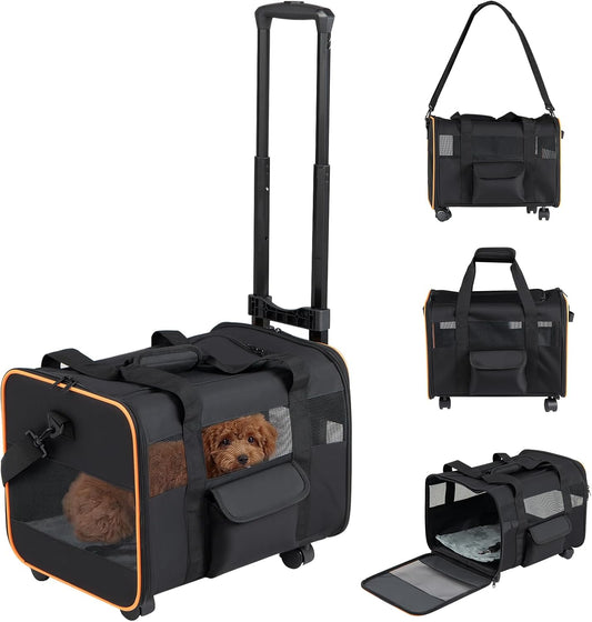 Giantex Rolling Pet Carrier with Wheels, Foldable Cat Carrier with Telescopic Handle, Breathable Mesh Dog Crate with Safety Leash & Washable Pad, Portable Pet Travel Bag for Small Pets up to 33 lbs