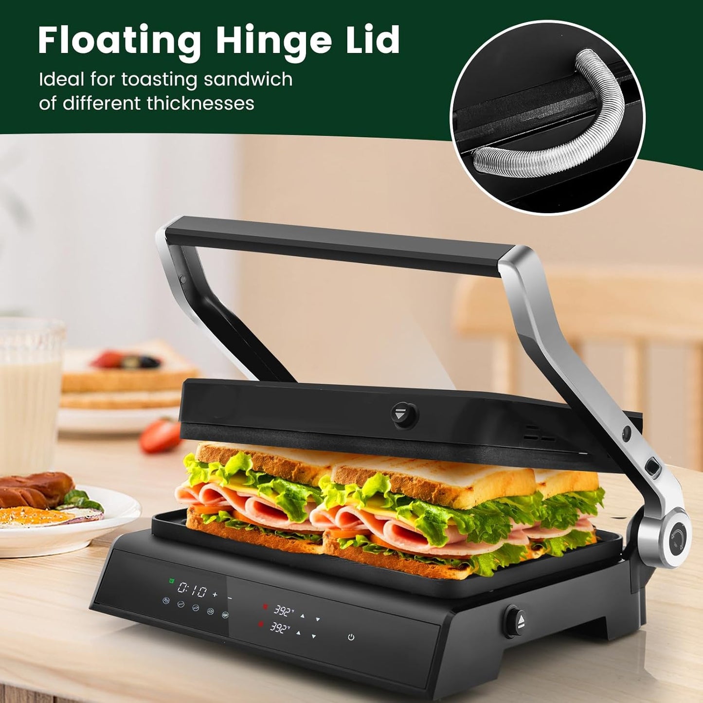 KOTEK 3-In-1 Sandwich Maker, 1200W Indoor Grill w/Floating Hinged Lid, Removable Drip Tray & Non-Stick Coated Plates, Open 180°, 4 Slice Panini Press Grill, 5 Auto Modes, Temperature Control & Timer - PuriLite