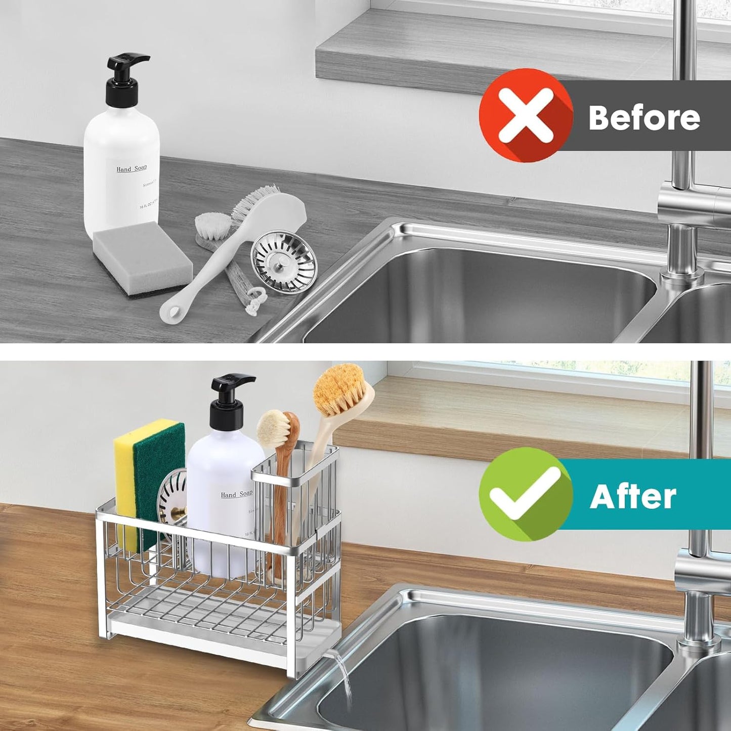 Sinnsally Kitchen Sponge Holder,2 Tier Sink Caddy Organizer with High Brush Holder,Stainless Steel Sink Box Dish Scrubber Holder,Soap Tray for Kitchen Counter Accessories & Storage Rack (Black)