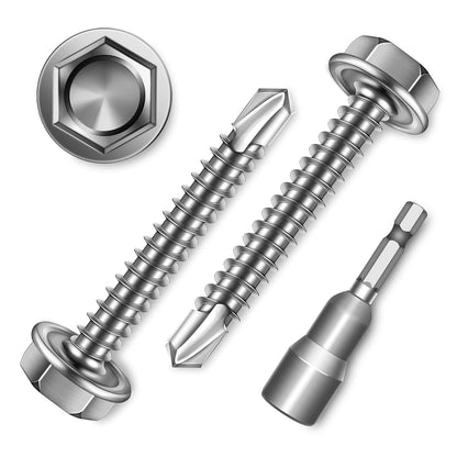 EASTPUK 100Pcs #8 x 1/2" Sheet Metal Screws, 410 Stainless Steel Self Drilling Hex Washer Head Self Tapping Screws for Metal with Drill Bit