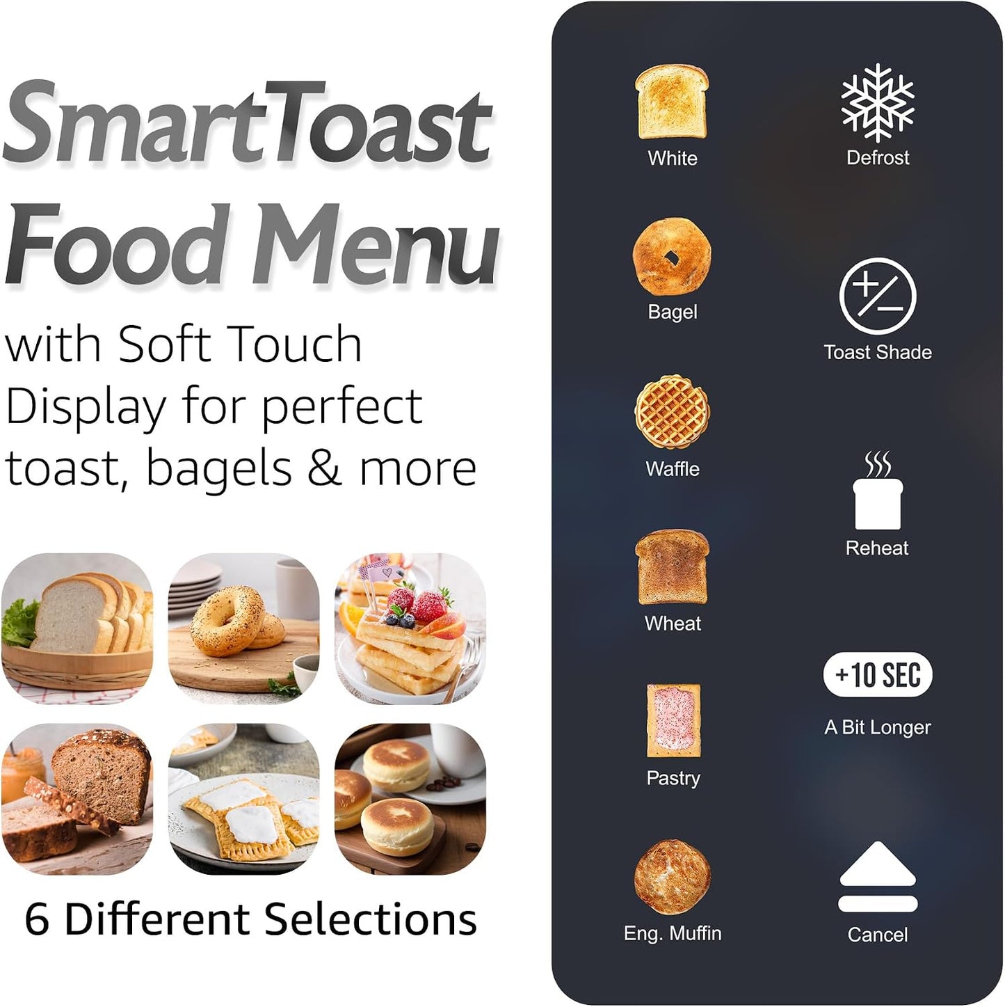 Elite Gourmet ECT5924D SmartToast Digital Long Slot 4 Slice Toaster, 1.5” Wide Slots for Thick Breads & Bagel Function, LED Touch Screen, Countdown Timer, 6 Shades, Stainless Steel