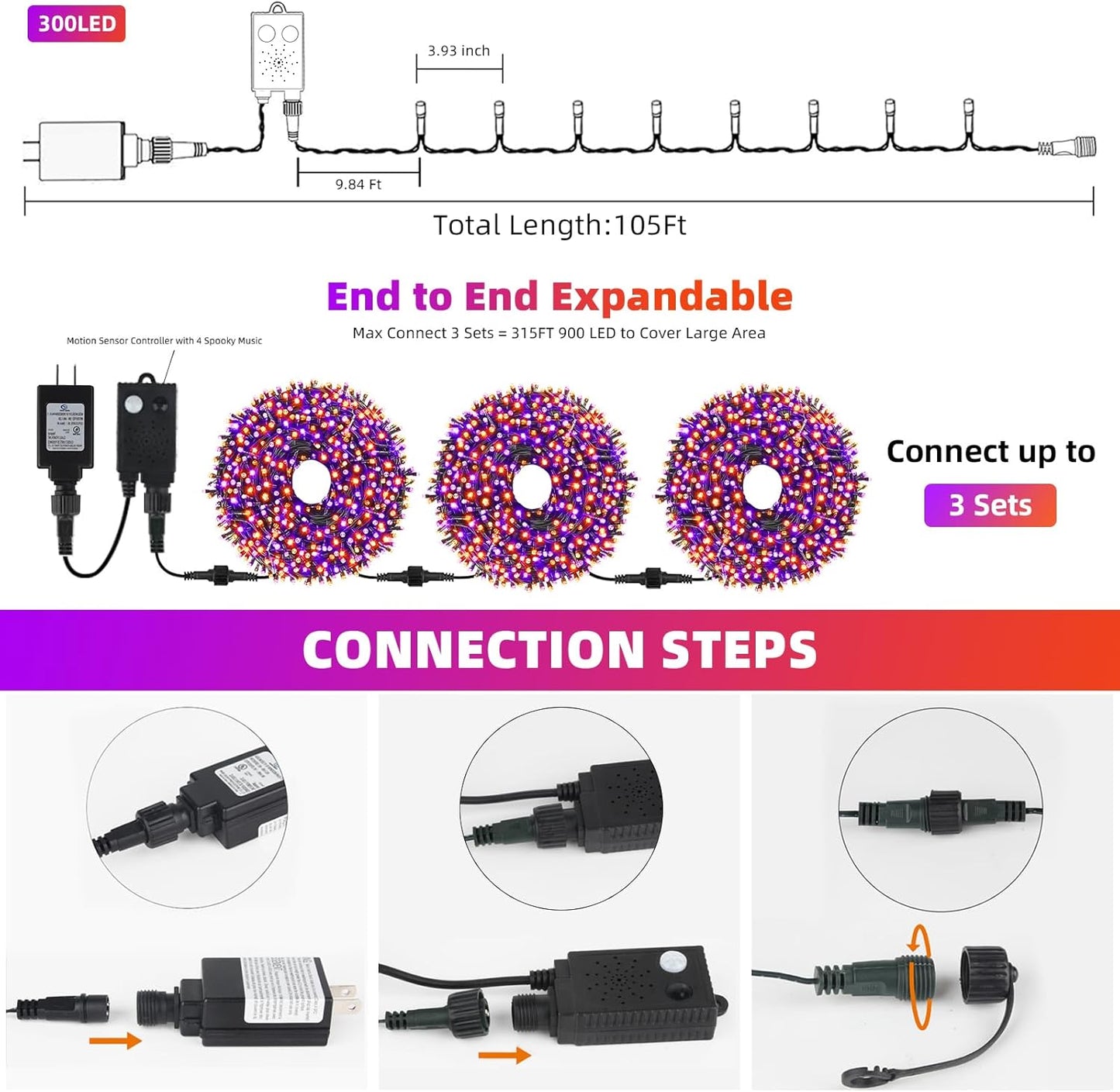 Tcamp 105FT 300 LED Purple Orange Halloween Decorations Lights Motion Activated Sync with 4 Scary Music, 6 Modes Halloween String Lights for Party Yard Outdoor Indoor Decor (3 Sets Connectable)