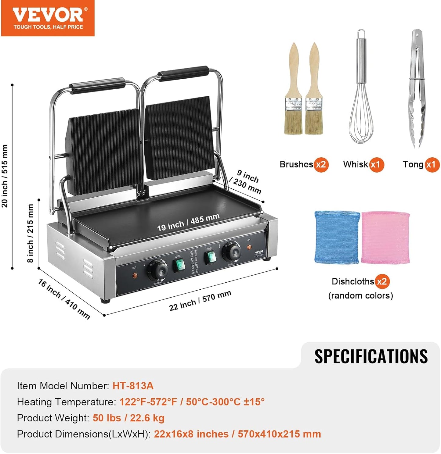 VEVOR 7 IN 1 Electric Contact Grill,1800W Indoor Panini Press Griddle,Stainless Steel Teppanyaki Grill with Nonstick&Removable Iron Plate, 0-446℉ Adjustable Temp Control,LCD Display,110V